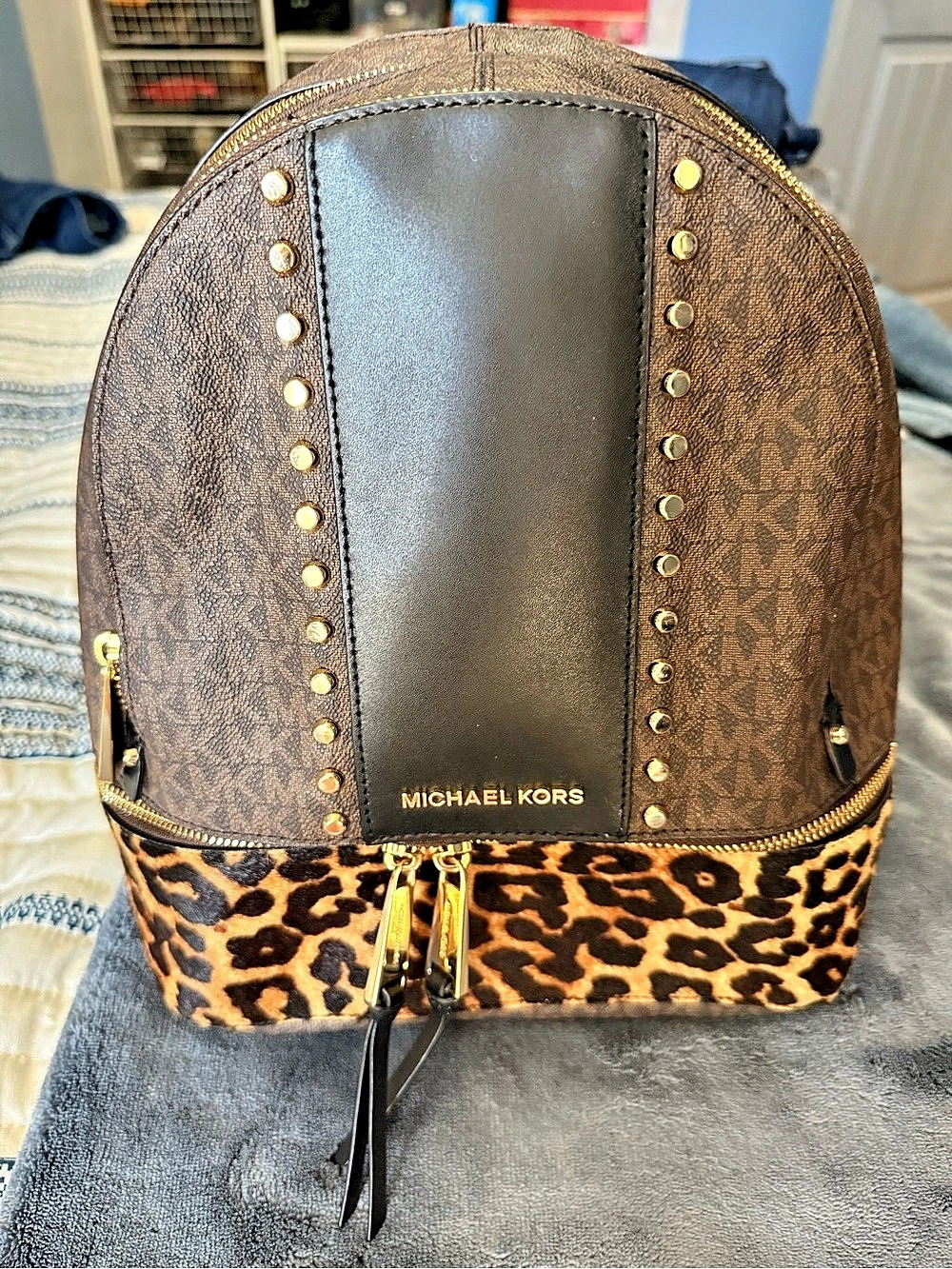 Michael Kors Rhea Medium Studded Logo and Leopard Calf Hair Backpack